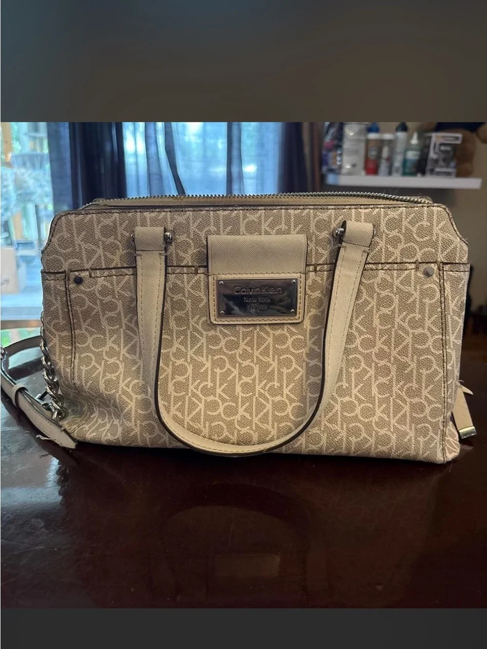 Calvin Klein Cream Monogram Satchel with Top Handles